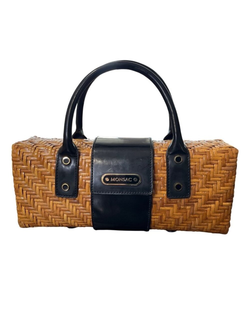 Vtg Monsac Woven Rattan Wicker & Black Leather Handbag Box Purse Top Handles